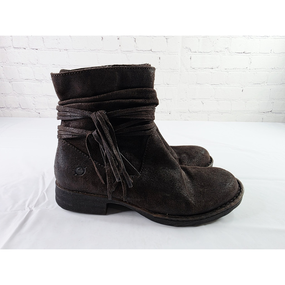 Born Amarena Boots Brown Leather Distressed Suede Wrap Tassel Ankle Size 8